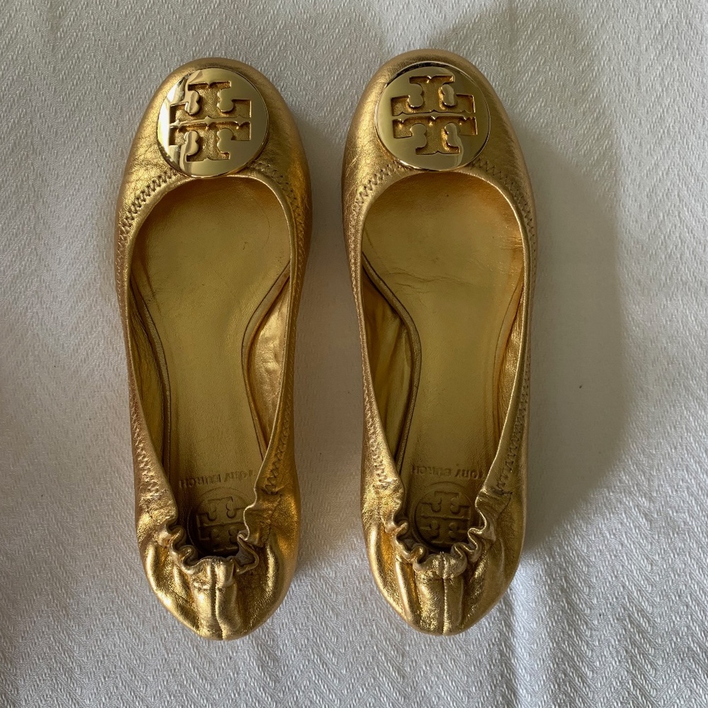 Tory Burch Reva Gold Leather Flats